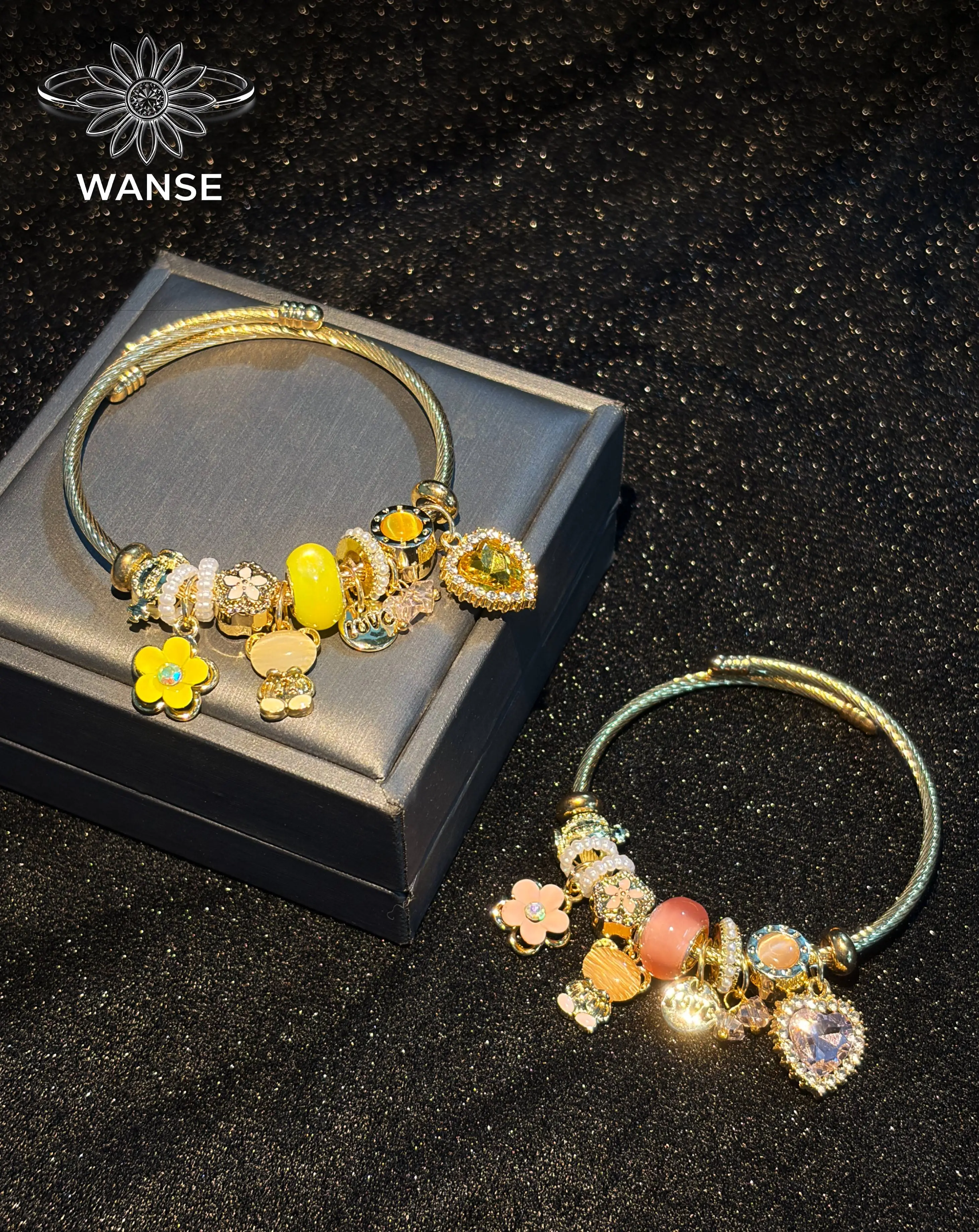 Gold Twisted Cable Charm Bangle for Women, Adjustable Gold Wire Cuff Bracelet with Heart Rhinestone, Flower & Cute Bear Charms, Sparkly Pastel Bead Wrist Jewelry Gift