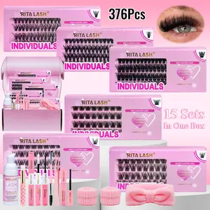 RITALASH 376Pcs Lash Clusters Kit Gift Packs 30D 50D 80D W02 RXD3 RXJ04 Individual Lashes D Curl Cluster Eyelash Extensions DIY Lash Extension Kit with Lash Bond and Seal Waterproof Lash Applicator Eyelash Set False Eyelashes Kit