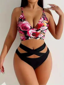 Two-Piece Set Women's Floral Print Criss Cross Tie Back Wrapped Bikini Set, Casual Fashion Chic Swimsuit Set for Beach Holiday Vacation, Ladies Swimwear for All Seasons