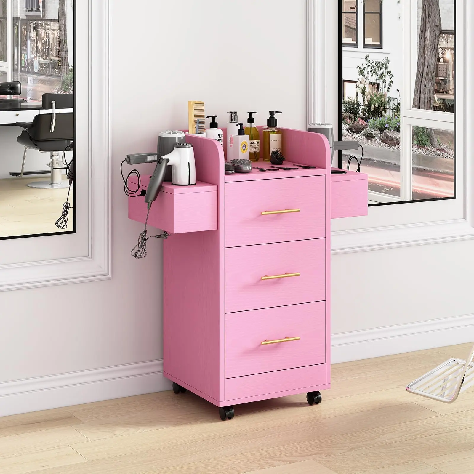 [SummerSale] HOMBCK Rolling Salon Station for Hair Stylist, Salon Trolley Cart with with Wheels, Hair Stylist Beauty Barber Station, 6 Hair Dryer Holders & 3 Drawers#home essentials#back to school