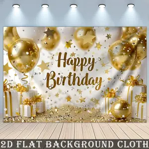 2D flat banner, birthday party backdrop, Happy birthday with Golden background, balloons and gifts, indoor/outdoor photography backdrop, no electricity required, party decoration studio props, birthday party decorations |durable