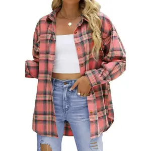 WomensButtonDownFlannelShirtsLongSleevePlaidShacketsBusinessCasualBlouseTop