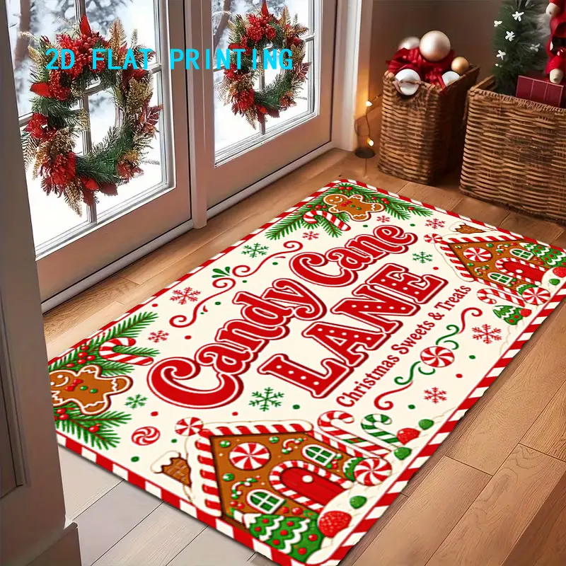 1pc, 2D Flat Printing, Christmas Candy Lane Themed Doormat with Gingerbread House and Candy Cane Pattern, Indoor Non-Slip Mat, Non-Slip Machine Washable Easy-to-Clean Polyester Mat, Suitable for Home and Outdoor Decoration, Ideal for Entryways thick rug