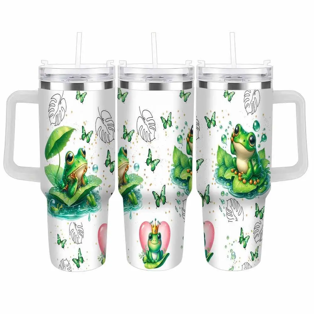 Froggy Paradise automotive cup (40oz/30oz/20oz) Cute Frog Prince with Crown and Green Butterflies illustration Durable & Insulated for Travel Perfect for Outdoor Adventures Birthday Gifts and Everyday Hydration