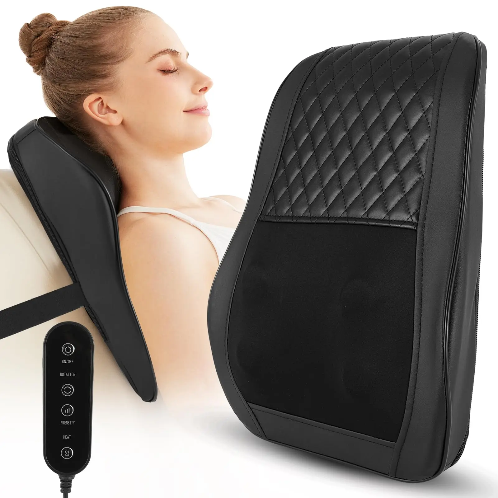 Cordless 3D Kneading Shiatsu Massage Pillow with Heat - Battery Powered Neck Pain Relief, Low Back Pain Relief Deep Tissue Massager, Self-Care Shoulder Massaging Device, Father's Day Dad Gift (Black)