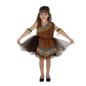 Indian Girl Costume for Kids - Brown Tulle Dress with Blue Diamonds & Fringes - Includes Headpiece & Arm Bands - Perfect for Halloween Party Dress Up & Cosplay