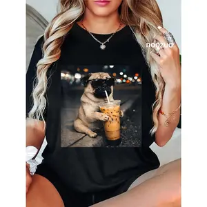 100% Cotton Funny Pug Drinking Iced Coffee Cute Dog Meme Humor T-Shirt