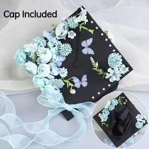 Class of 2026 Blue Floral Graduation Cap Deco DIY & Finished Grad Cap Topper with 3D Butterfly Pearl & Long Ribbon | Photo Ready for Ceremony Party & Home Memorial Decor | Perfect Gift for Daughter Son Students