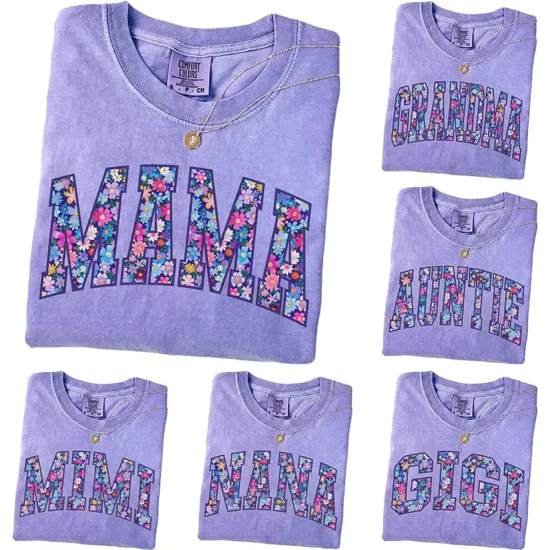 Personalized Comfort Colors Mama Shirt, Floral Mom Spring T-Shirt, Custom Flower Grandma Tee, Floral Nana Auntie Mimi Gigi Grammy Shirt, Violet color - DarkFlex