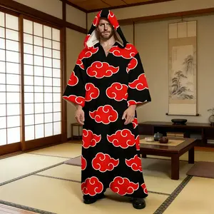 Japanese Anime Cartoon Graphic Print Hooded Pullover Kaftan Robe, Manga Character Art Long Sleeve Closed Front Loungewear, Soft Cotton Otaku Fan Hoodie Robe, Cosplay Sleepwear