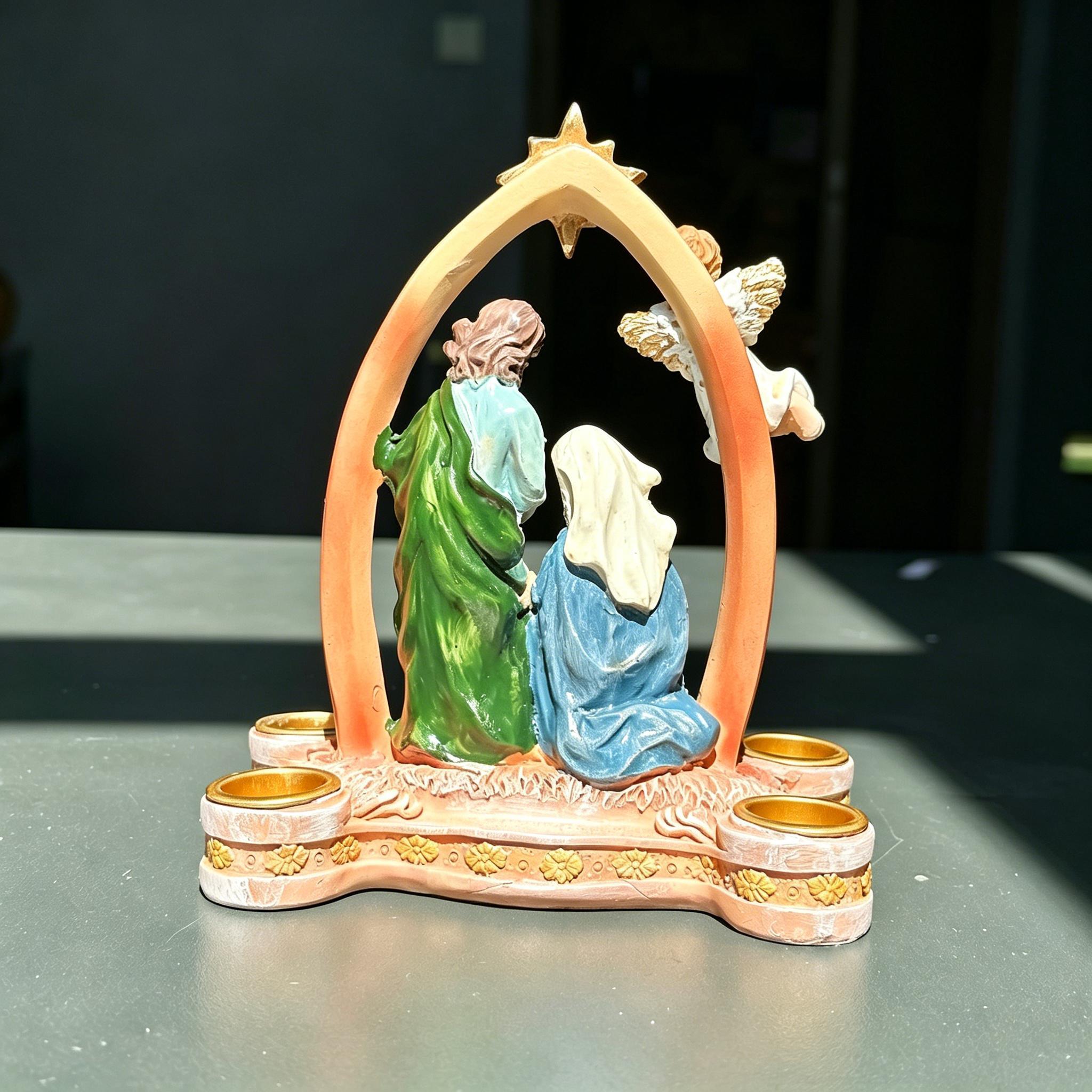 Christmas Nativity Candle Stand - Resin Three-Character Family Scene Decorative Piece - Religious Festival Table DecorationChristmas Nativity Candle Stand - Resin Three-Character Family Scene Decorative Piece - Religious Festival Table Decoration