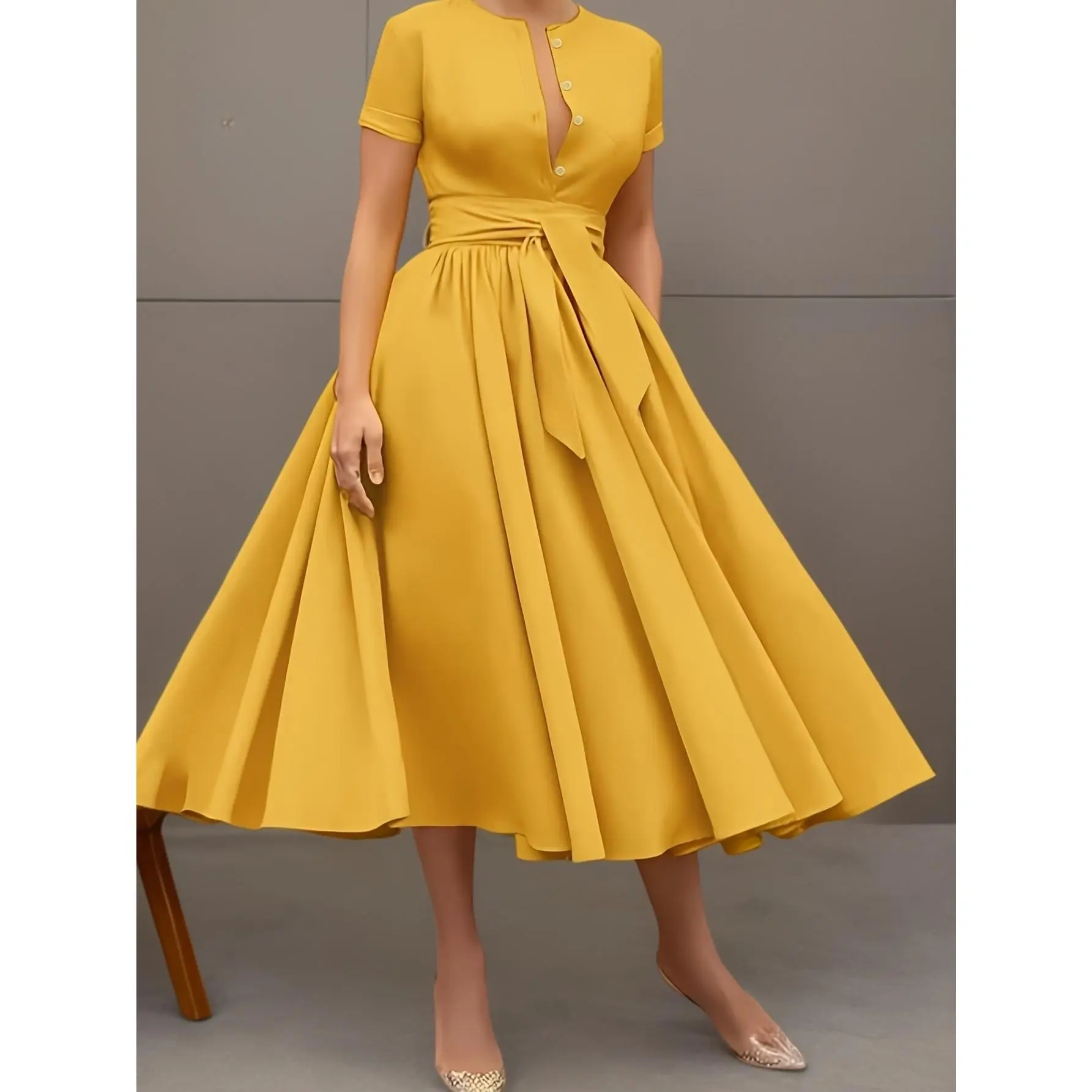 2026Women's Short Sleeve Casual Dress Suitable for Spring Summer Autumn Parties and Daily Wear Clothes Womenswear Formal Gamis Basic Chic