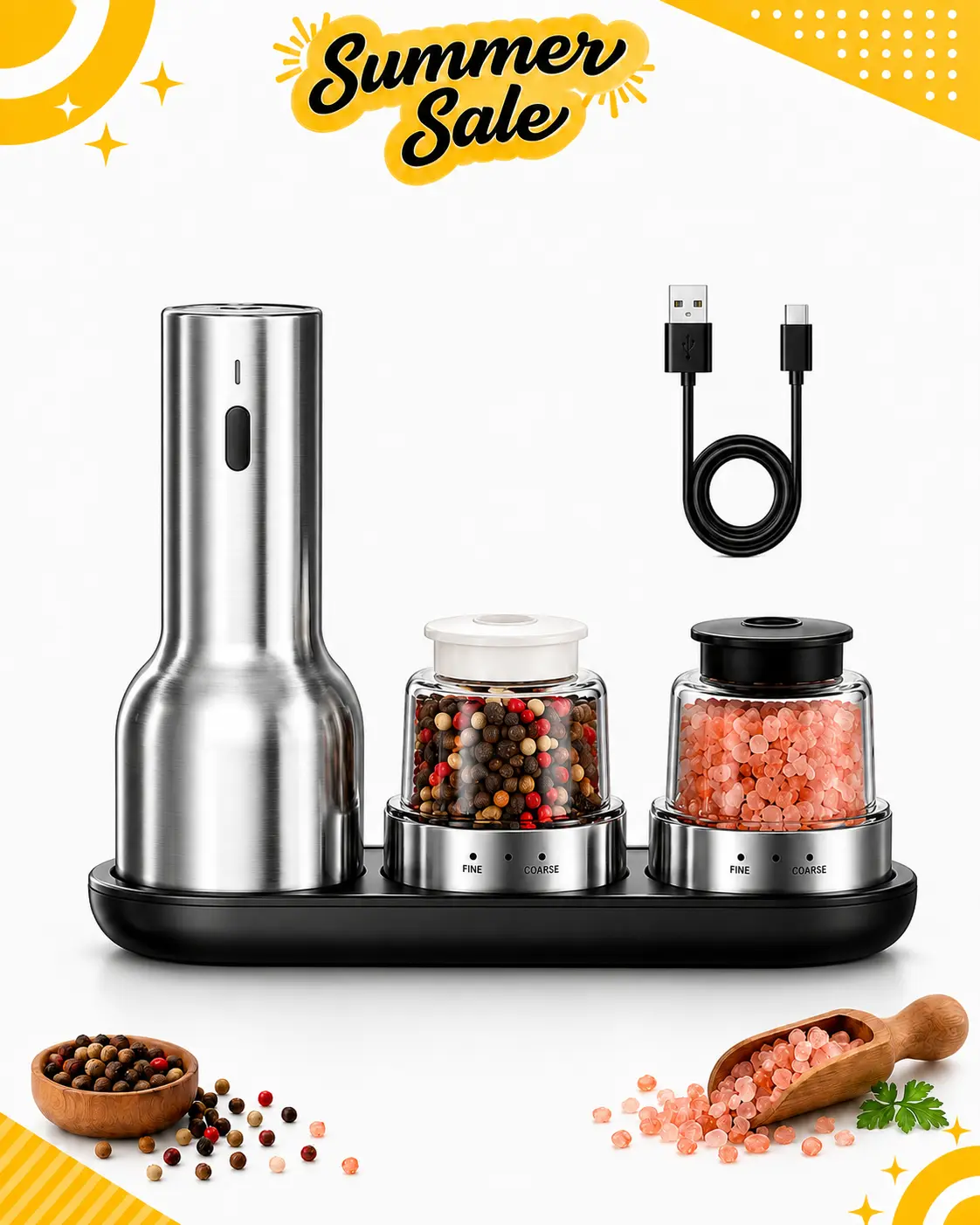 ODIFORGO Rechargeable Electric Spice Grinder - 2026 New Stainless Steel, Adjustable Coarseness, Dual Chambers for Pepper & Sea Salt, Modern Home Cooking Spices Organizer Seasoning Containers (Kitchen, Gifting Use), Seasoning Organizer, Reusabl
