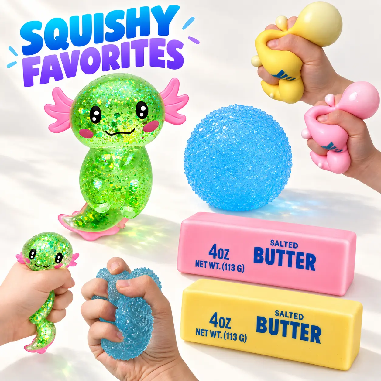 Stress Balls & Squishy Toys 4 Pack, TPR Flour-Filled Butter, Green Axolotl & Blue Textured Ball, Sensory Fidget Toys for Adults, Office Desk & Travel, Gift Idea, Christmas Stocking Stuffers