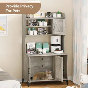 【GARVEE】White Cat Litter Box Enclosure with Shelves - Sturdy Wood Litter Box Cabinet, Hidden Cat Box Furniture with Scratching Mat, Indoor Cat House and Washroom Storage