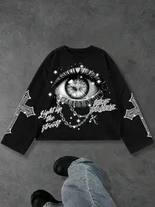 Washed Loose Providence Eye Sweatshirt with All-Seeing Eye Print, Rhinestone Stars, Streetwear Style for Concerts and Everyday