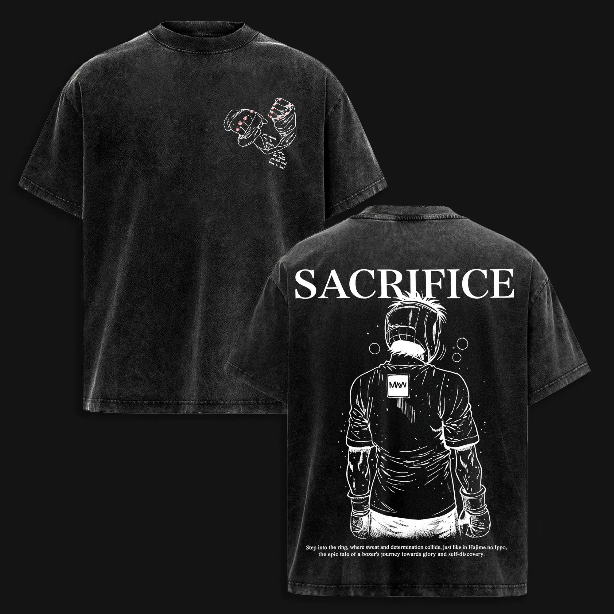 Distressed Washed Relaxed T Shirt Hajime No Ippo Double Sided Sacrifice Boxer Boxing Gloves Manga Graphic Retro Anime Design Short Sleeve Cotton Top Mens Hip Hop Streetwear Daily Gym Hangout Wear