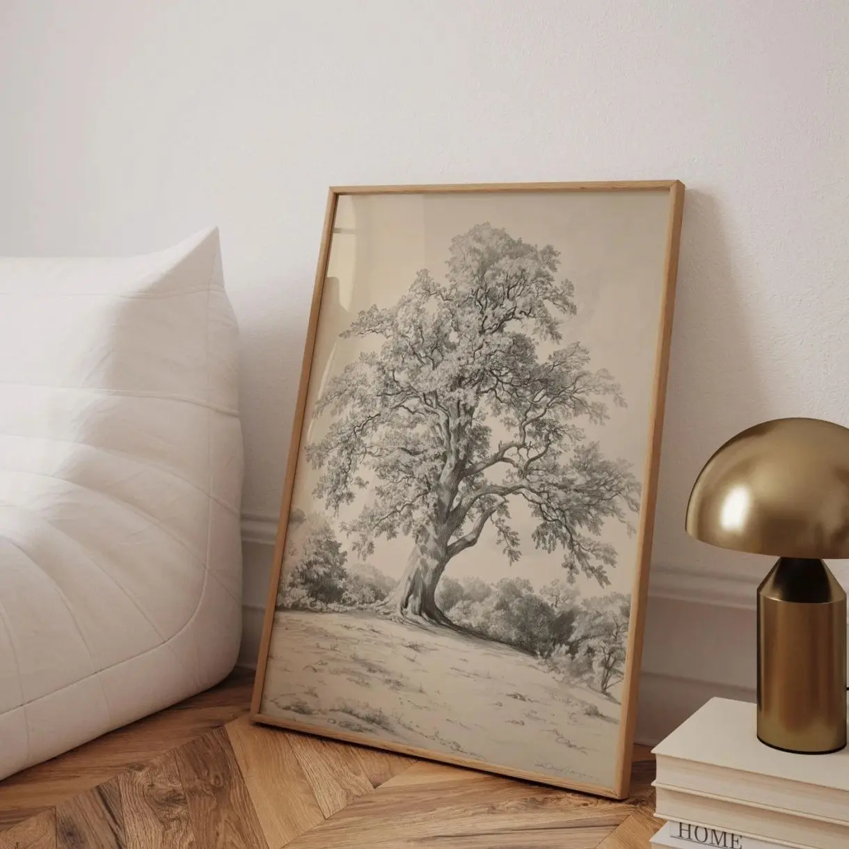 Oak Tree Sketch Print, Neutral Vintage Farmhouse Wall Art, Rustic Botanical Nature Poster I