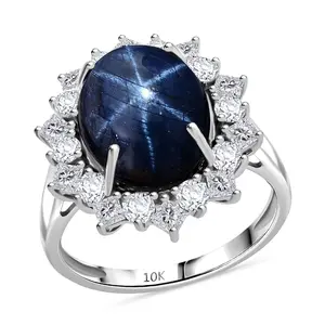 Premium Blue Star Sapphire DF 10 and Moissanite 9.15 ctw Starborn Majesty Ring in 10K White Gold Size 10 Christmas Gifts