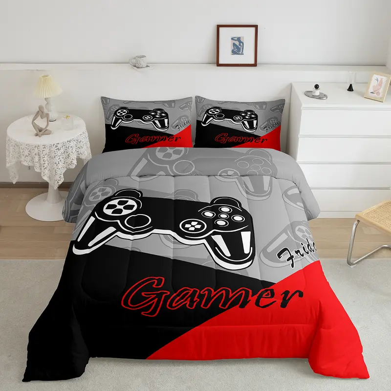 Feelyou Reversible Gamer Queen Bed Comforter Set - Comfy Bedding Set, 3D Gamer Print Game Controller Design (Black, Red, Blue, Green, Gray), Soft Microfiber Reversible Quilt, Travel-Ready Toddler Bedroom Decor (Multiple Sizes Available)