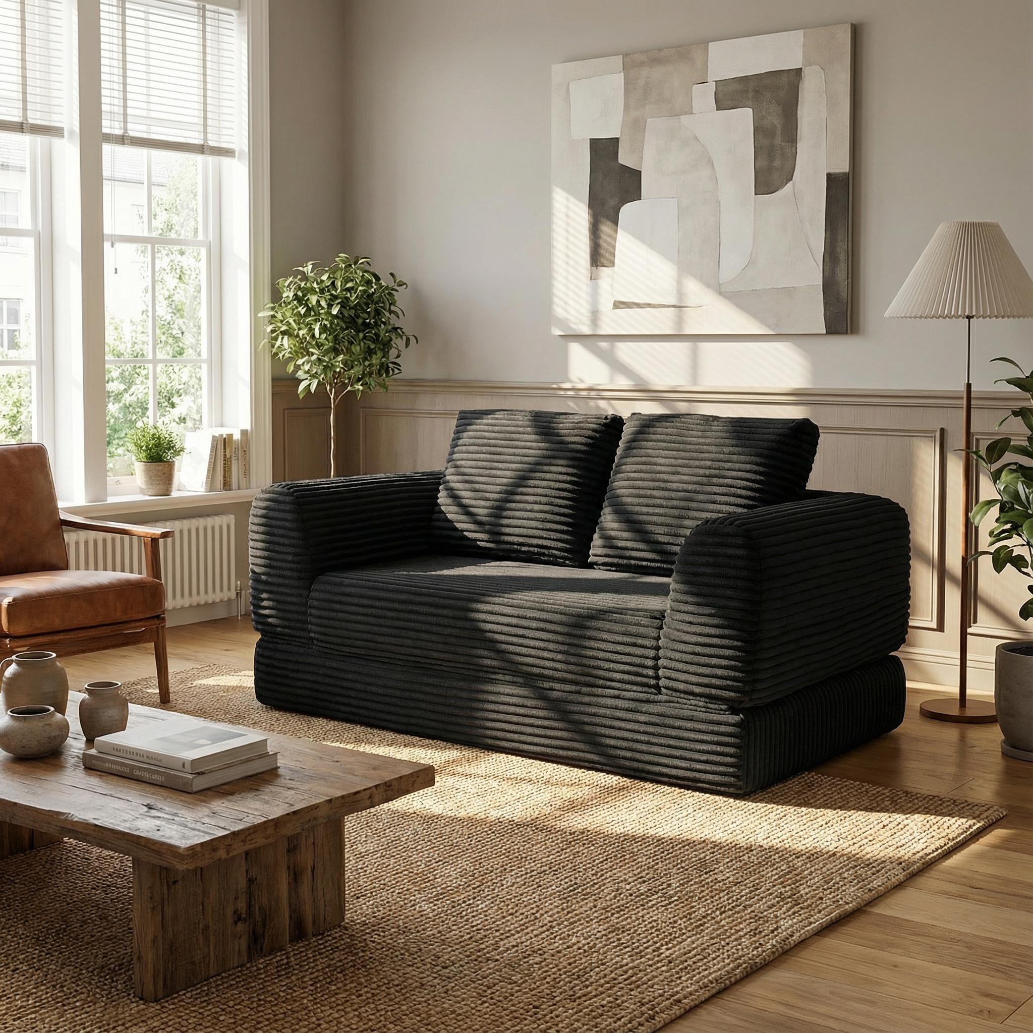Convertible Sofa Bed, Corduroy Futon Couch Sleeper with Pull-Out Bed & Pillows, Folding Modular Floor Sofa for Living Room Bedroom Apartment