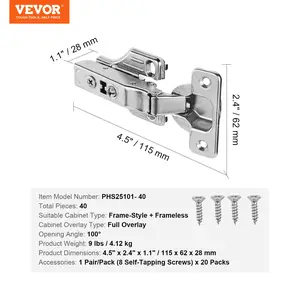 VEVOR Cabinet Hinges, 40 Packs Full Overlay Kitchen Cabinet Door Hinges, 100 Degree Opening Angel Soft Close Concealed Cupboard Hinges for Framed+ Frameless Cabinet Type, with Mounting Screws