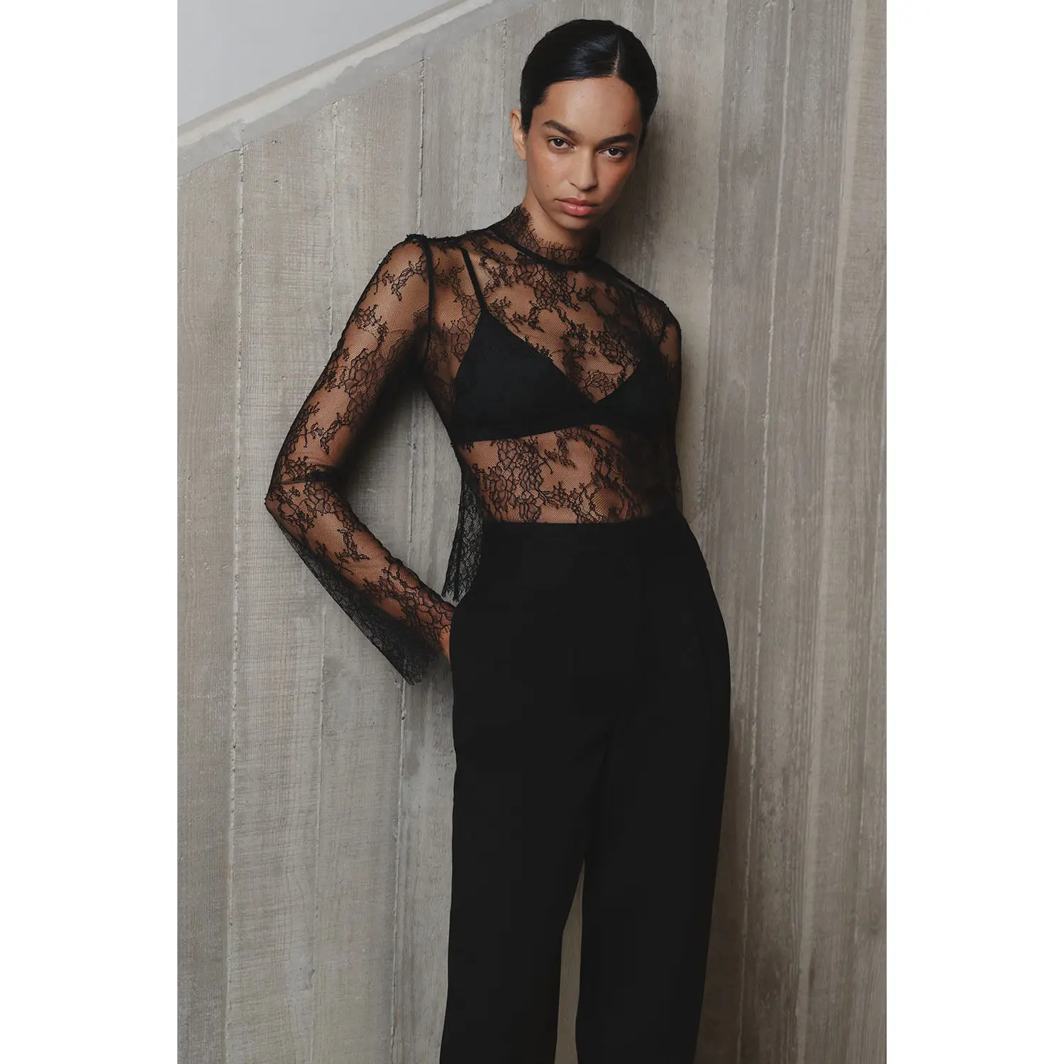 Alizette High Neck Long Sleeve Lace Top - Black