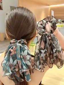 French Twin Dream Chiffon Bow Design Headband, Velvet Ponytail Clip, Vintage Floral Motif Lace, Wedding & Everyday Elegance, Gift Box Included