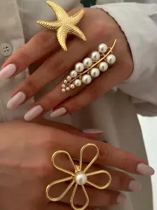 Pearl Leaf Starfish Ring Set 3 Pieces, Women's High-End Hollow Out Open Finger Statement Rings, Unique Fashion Hand Jewelry