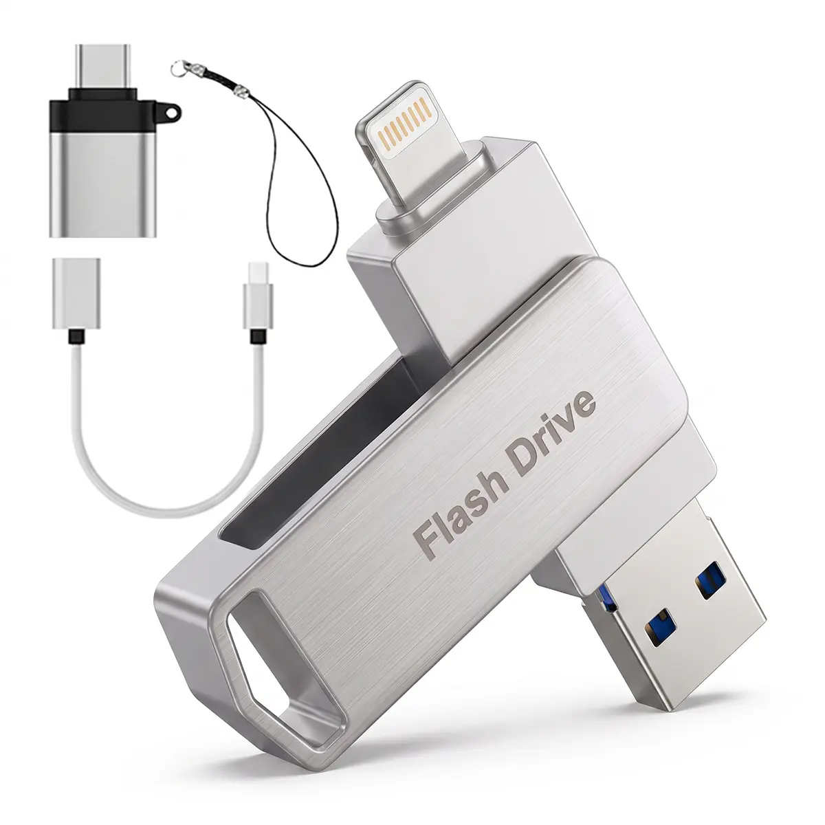MFi Certified 4-in-1 External Storage Flash Drive, 256GB/512GB High-Speed USB Memory Stick with Type-C Adapter, No-App Plug-and-Play Portable File Backup for iPhone 15-18, Android, Mac
