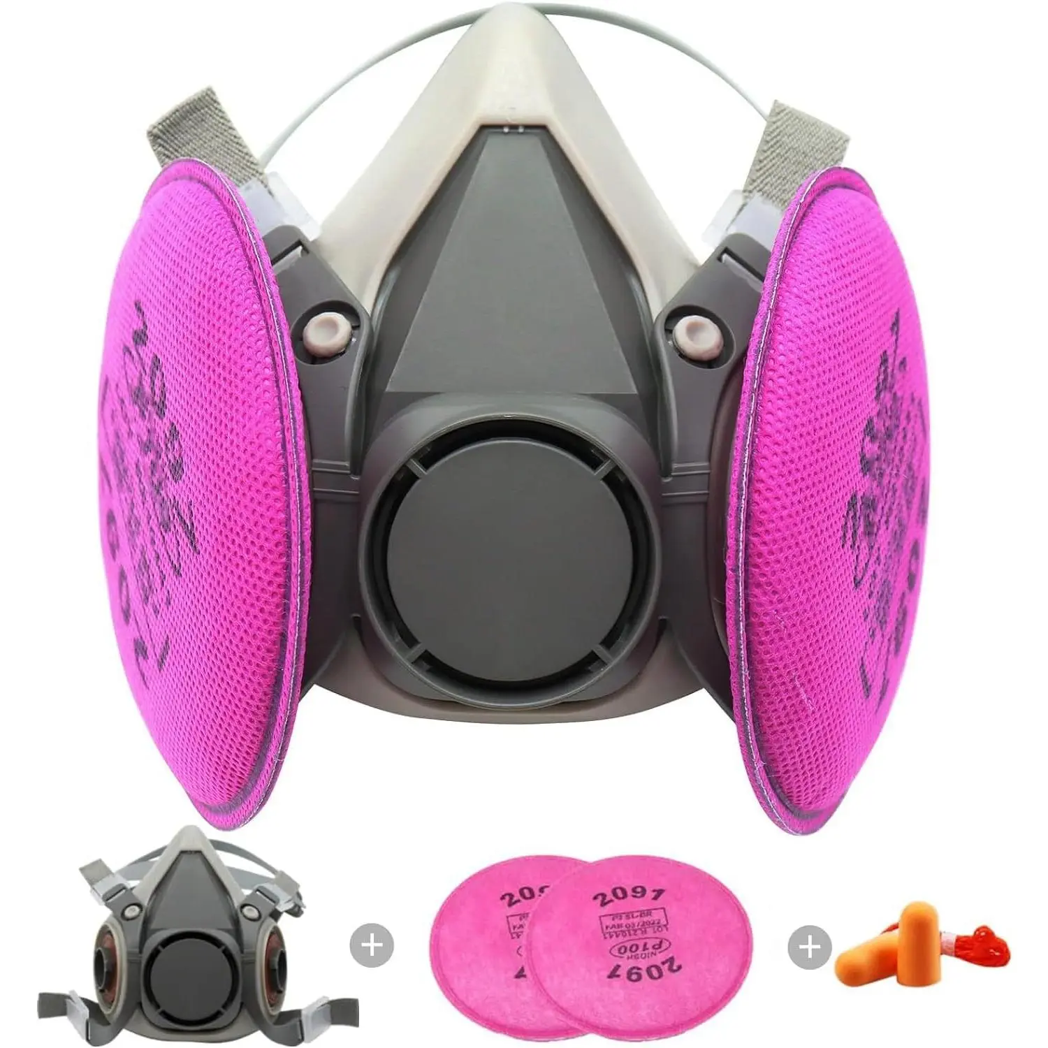1 Pcs 6300 Adjustable Soft Silicone Reusable Good Sealing Good Dust-Proof Half Facepiece Respirator Mask with Active Carbon Interlayer, 2 Pcs 2091 Dust Filters, 1 Pair Noise-Proof Earplugs for Welding, All Seasons (Large), 1 Pair Of Noise Proof Earplugs