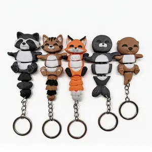 5PCS 3D Printed Magnetic Animal Keychains Cute Kawaii Articulated Flexible Fidget Toys Interactive Swing Cartoon Keyrings Stress Relief Sensory Toy Party Favors, Gifts for Kids Adults