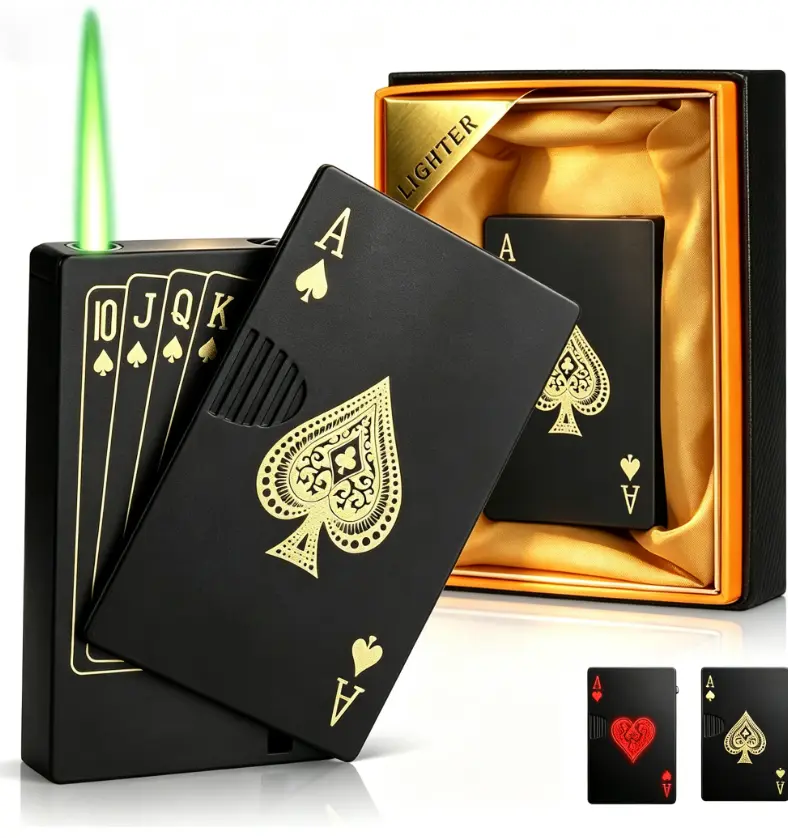 Ace of Spades Poker Card Jet Torch Lighter - Green Flame, Refillable Butane, Windproof Metal Lighter, Cool Novelty Gift for Men (Butane Gas Not Included)