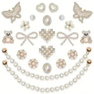 Women's 24 Pcs Style 2 Shoe Charms, Pearl & Flower Rhinestone Chain Shoe Decorations, Bling Beauty Accessories for Party Footwear