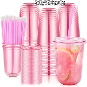 20/50 Sets 16oz High Quality Plastic Cups with Lids & Straws, Disposable Clear Iced Coffee Cups, Round Bottom for Cold Drinks, Party Supplies, To Go Cups with Lids and Straws