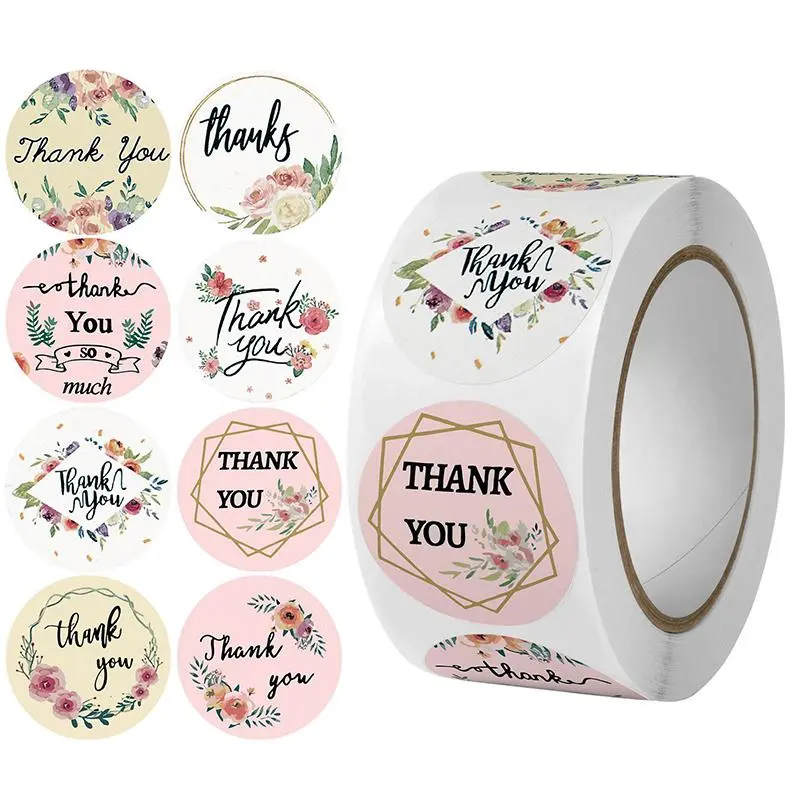 Floral Thank You Series Sticker, 500pcs/roll Waterproof Self Adhesive Decorative Sticker, DIY Decals for Gift Greeting Card Water Bottle Laptop Phone