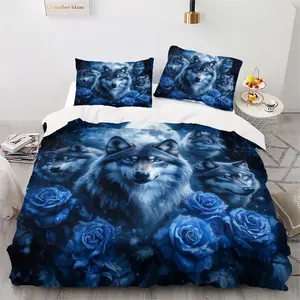Wolf Print Bedding Set 3-Piece (1 Fitted Sheet + 2 Pillowcases), Soft Comfortable Bedroom Decor, Decorative Bedsheet Sets, Suitable for Dorms and Guest Rooms