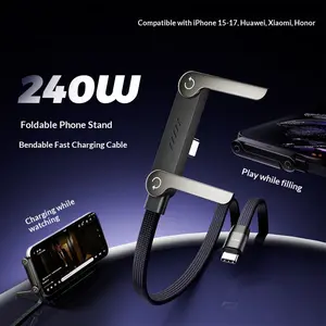 2-in-1 Invisible Phone Stand & 240W USB-C Charging Cable, Super Fast Charging Braided Cord for Gaming, Office & Car, Universal Type-C Compatible - Black