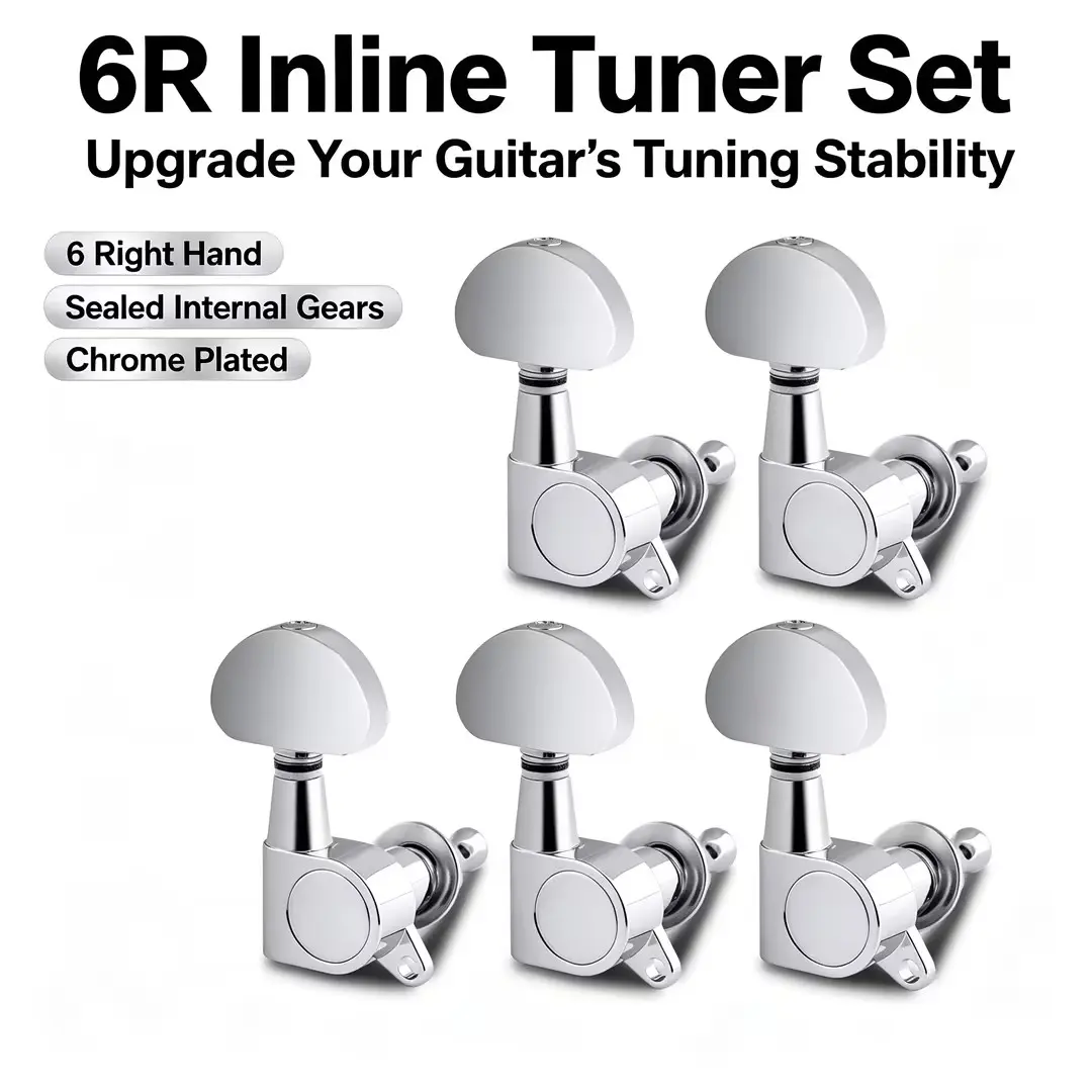 6 Right Inline Sealed Guitar Tuning Pegs 1:14 Gear Ratio Chrome Half Round Knob Machine Heads Complete Mount Hardware Replacement Kit for 6 String Acoustic & Electric Guitar, Eliminate Tuning Drift