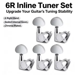 6 Right Inline Sealed Guitar Tuning Pegs 1:14 Gear Ratio Chrome Half Round Knob Machine Heads Complete Mount Hardware Replacement Kit for 6 String Acoustic & Electric Guitar, Eliminate Tuning Drift