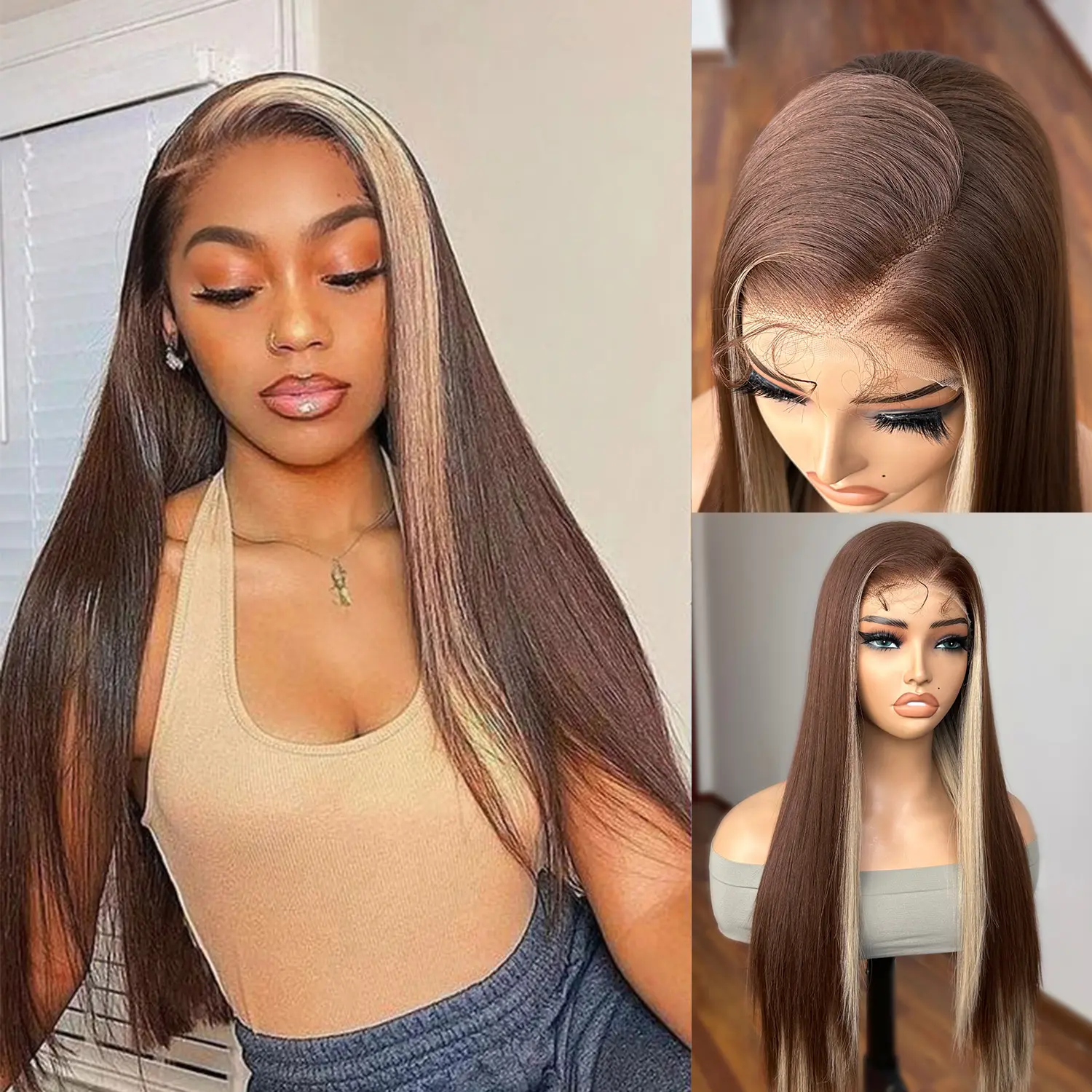 GKtineke Women's 26-Inch Long Straight Synthetic Lace Front Wig, 13×4 Transparent Lace, Pre-Plucked Heat-Resistant Synthetic Wig, No Bangs, Ideal for Daily & Party Use, Synthetic Wigs Frontal