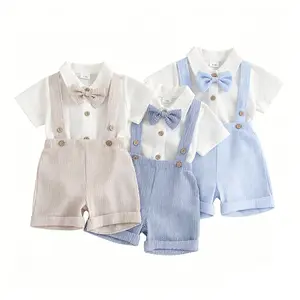 Newborn Baby Boy Clothes Suit Infant Short Sleeve Gentleman Outfits Romper Shirt+Bowtie+Suspender Shorts Bowtie 0-18 Months