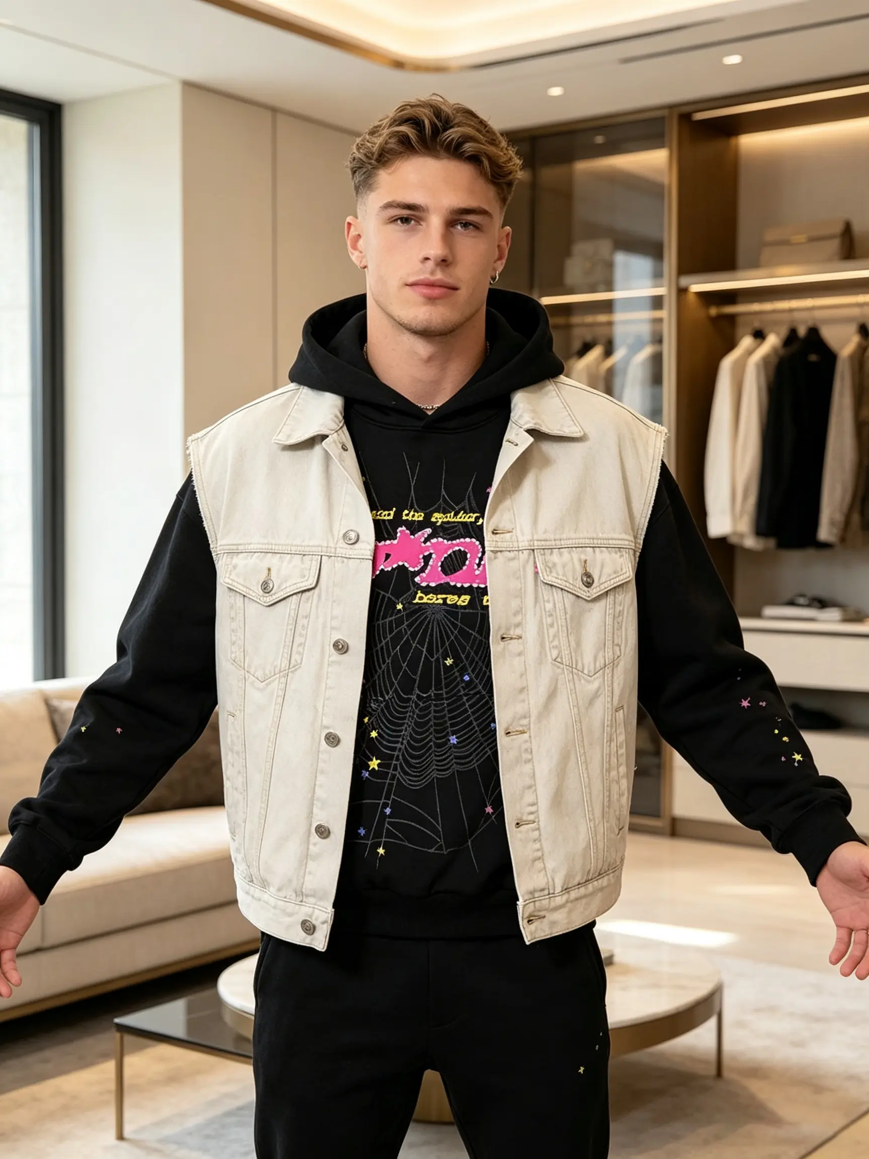 Black Men's Casual Unisex Spider & Slime Print Hoodie, Short-Sleeve Fashion Sweater Top Jeans Casual Pullover Sweatshirts Menswear Outfits Operator Streetwear