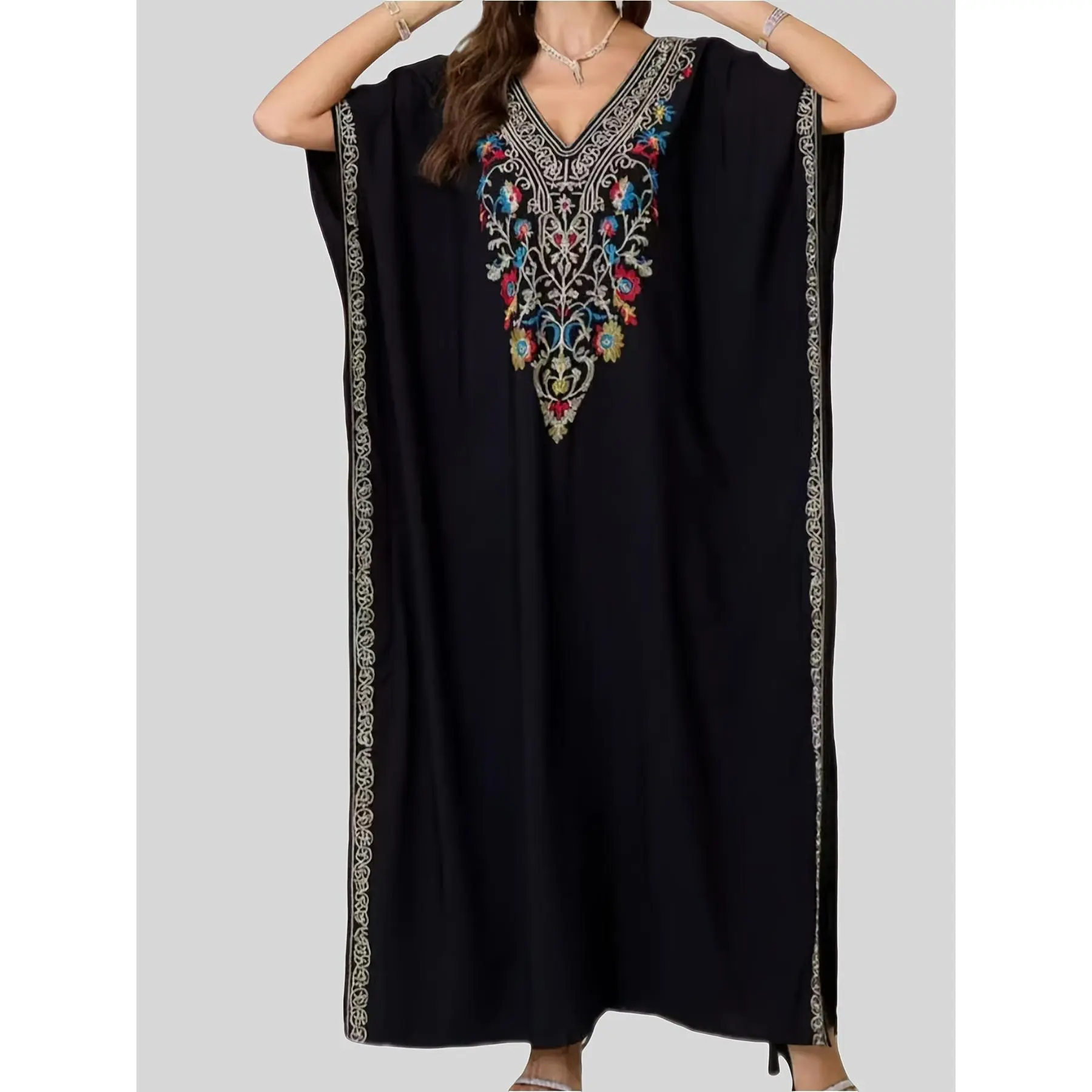 Women's Dress Casual V-Neck Luxury Embroidered Loose Batwing Sleeve Middle Eastern Ramadan Retractable Kafta Robe Elegant Beach Coverup Holiday Sundries, Arabic Dress for Women, Muslim Dresses for Women Elegant Classy, Dresses for Women Muslim, Muslim Dre
