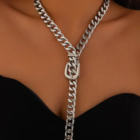 Unisex Punk Style Belt Design Chunky Chain Necklace, Street Trendy Minimalist Chain Necklace, Cuban Link Necklace, Fashionable Hip Hop Jewelry for Party & Daily Decor for Women & Men, Trendy Fashionable Accessories