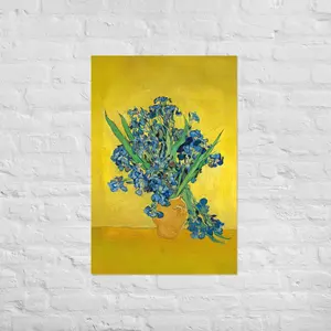 Vase with Irises Against a Yellow Background - Unframed Poster Print
