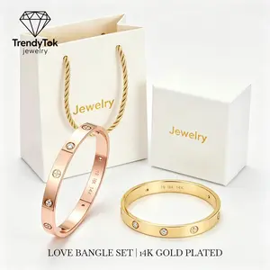 His & Hers Matching Love Bangle Set, 14K Gold Plated Waterproof Non Tarnish Couple Bracelets with Premium Gift Box, Perfect Mother's Day Valentine's Anniversary Gift for Her Him by TrendyTok Jewelry mother's day gift for wife