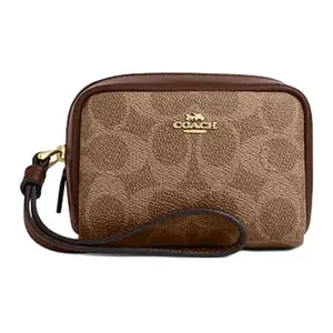 COACH Mini Wristlet Clutch Bag for Women – Brown and Tan Faux Leather with Metal Zipper and Logo