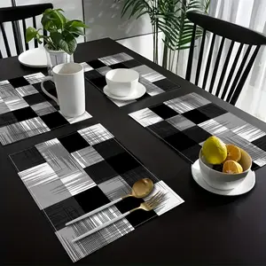 4/6pcs, black Linen Placemats, geometric design, machine washable, rectangular table mat, suitable for dining, wedding, and holiday decoration