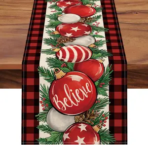 Christmas Ornament Ball Table Runner, Xmas Red Black Buffalo Plaid Check Believe Kitchen Dining Table Decor, Winter Holiday Farmhouse Home Decoration Indoor Outdoor Party Supply 13 x 72 Inches